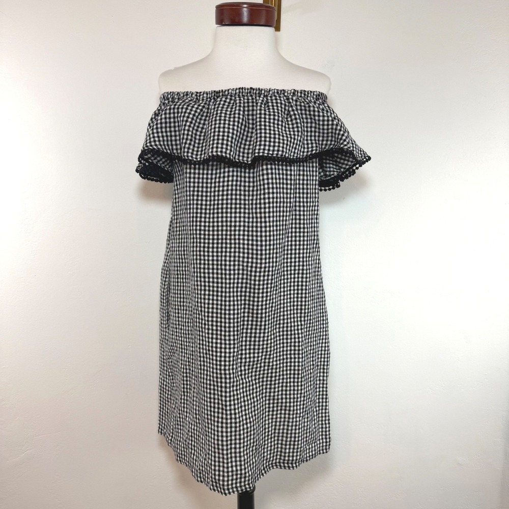 Tommy Bahama Linen Blend Gingham Dress Black‎ White Off Shoulder Cottagecore M